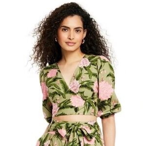 AGUA BENDITA x TARGET Peony Floral Print Tie Wrap Linen Blend Top Women's 2X